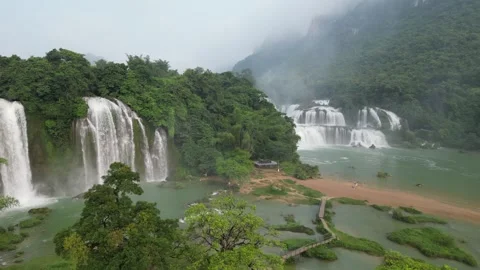 Aerial View of Ban Gioc Waterfall in Cao Bang, Vietnam and China Border Stock Footage 334621041