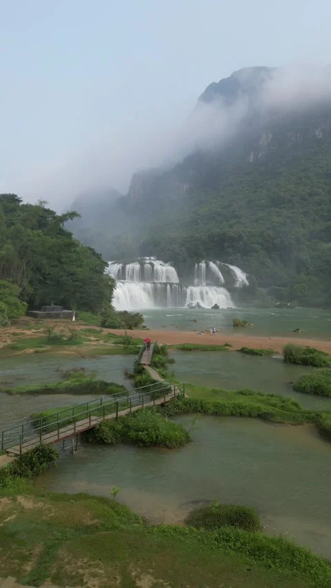 Aerial View of Ban Gioc Waterfall in Cao Bang, Vietnam Stock Footage 334621096