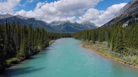 Aerial View of Banff National Park, Flying Over the Bow River in Alberta, Canada Stock Footage
