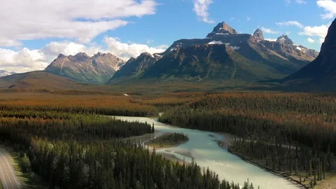 Aerial View of Banff National Park and Icefields Parkway in Alberta, Canada Stock Footage