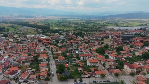 Aerial view of Bansko townscape and red roofs in Bulgaria Stock Footage 343641121