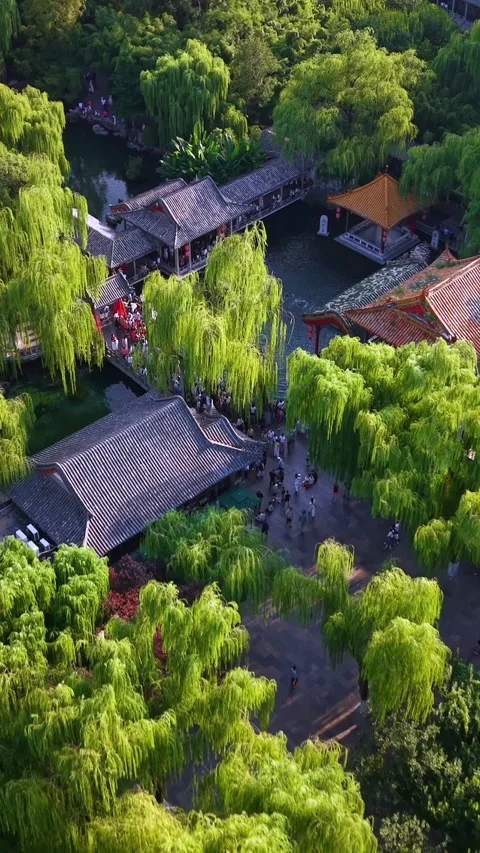 Aerial View of Baotu Spring Park: Historic Chinese Gardens with Lush Willows Stock Footage 331117536