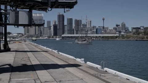 Aerial View of Barangaroo Waterfront With Ship and Sydney Skyline in Australia Stock Footage 341316458
