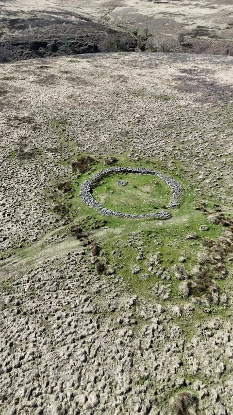 Aerial view of Barbrook II ring cairn on Derbyshire moorland Video stock 346236736