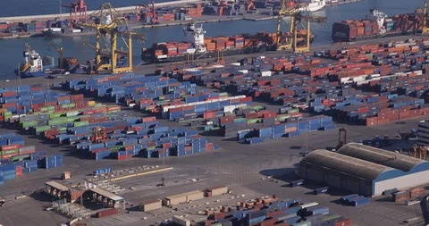 Aerial View of Barcelona Port Container Terminal Panoramic Commercial Area Day Stock Footage 96294167