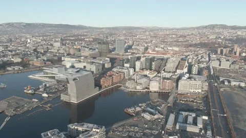 Aerial view on Barcode, Opera, Munch and Sorenga urban area in Oslo, Norway Stock Footage 232534042