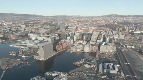 Aerial view on Barcode, Opera, Munch and Sorenga urban area in Oslo, Norway Stock Footage 232534587