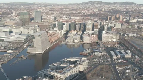 Aerial view on Barcode, Opera, Munch and Sorenga urban area in Oslo, Norway Stock Footage 232535618