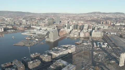 Aerial view on Barcode, Opera, Munch and Sorenga urban area in Oslo, Norway Stock Footage 232535960