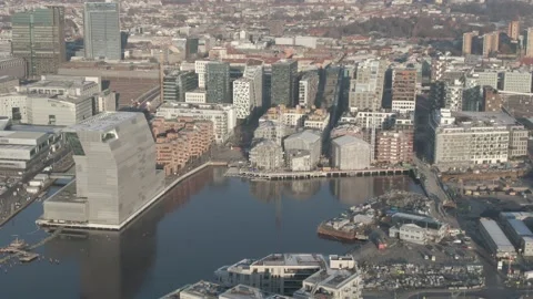 Aerial view on Barcode, Opera, Munch and Sorenga urban area in Oslo, Norway Stock Footage 232536263