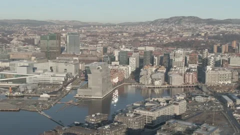Aerial view on Barcode, Opera, Munch and Sorenga urban area in Oslo, Norway Stock Footage 232536290