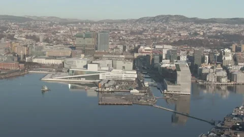 Aerial view on Barcode, Opera, Munch and Sorenga urban area in Oslo, Norway Stock Footage 232536312