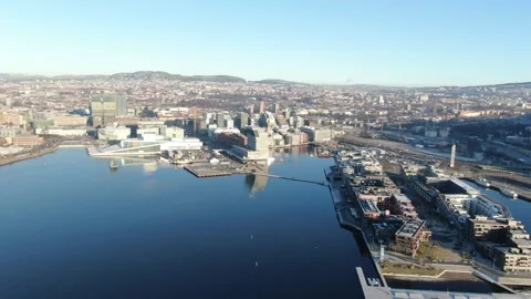 Aerial view on Barcode, Opera, Munch and Sorenga urban area in Oslo, Norway Stock Footage 232536356