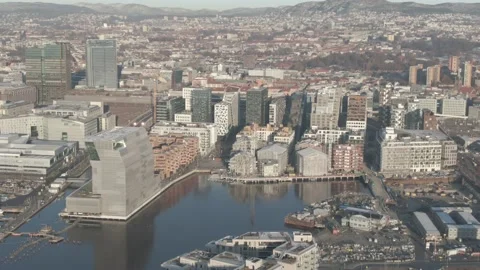 Aerial view on Barcode, Opera, Munch and Sorenga urban area in Oslo, Norway Stock Footage 232536512