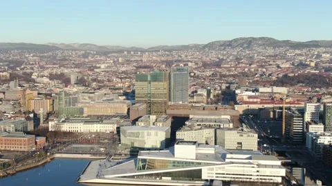 Aerial view on Barcode, Opera, Munch and Sorenga urban area in Oslo, Norway Stock Footage 232536537