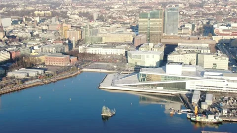 Aerial view on Barcode, Opera, Munch and Sorenga urban area in Oslo, Norway Stock Footage 232536549