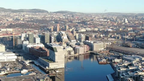 Aerial view on Barcode, Opera, Munch and Sorenga urban area in Oslo, Norway Stock Footage 232536607