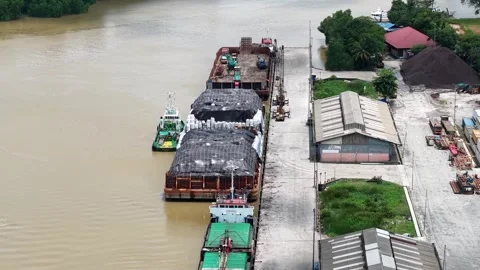 Aerial view of a barge loaded with logistics materials Stock Footage 335338777