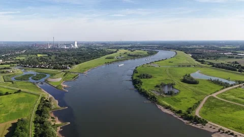 Aerial view of barge navigating the river rhine in germany Stock-Footage 335750077
