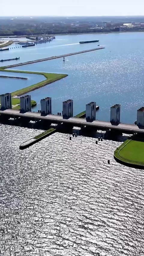 Aerial View Of Barge Passing Through Large Sea Dam Stock Footage 335476152