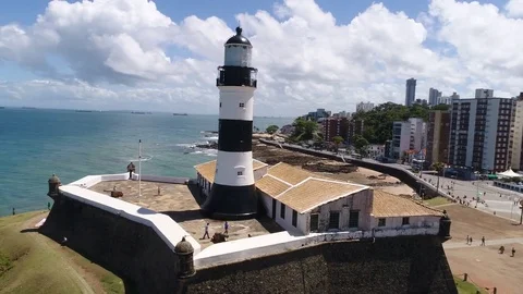 Aerial view of Barra lighthouse and the cityscape, Bahia, Brazil Stock-Footage 80380565