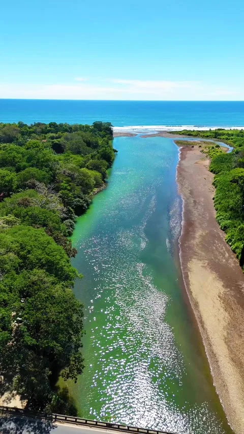 Aerial view of baru river flowing into pacific ocean in costa rica Stock Footage 339516343