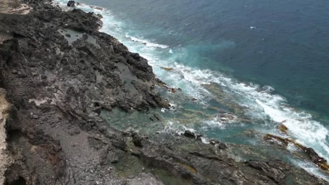 Aerial View of Basalt Coastline and Tidal Pools, Buenavista del Norte, Tenerife Stock Footage 346002963