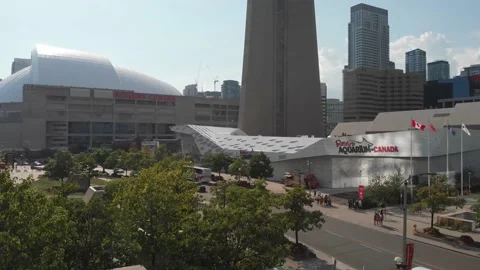 Aerial View of the base of CN Tower Stock Footage 143101174