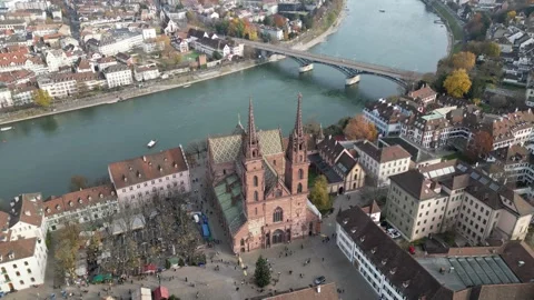 Aerial view of Basel Minster Cathedral in Basel, Switzerland Stock Footage 256207893