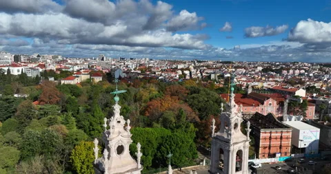 Aerial view of Basilica da Estrela medieval catholic church in Lisbon, Portugal. Stock Footage 230079341