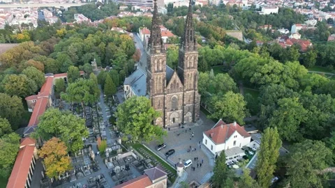 Aerial view of the Basilica of St. Peter and Paul in the Vysehrad fortress Stock Footage 256161469