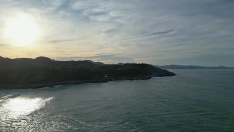 Aerial view of the Basque coast in Guetaria at sunset 스톡 동영상 334248175