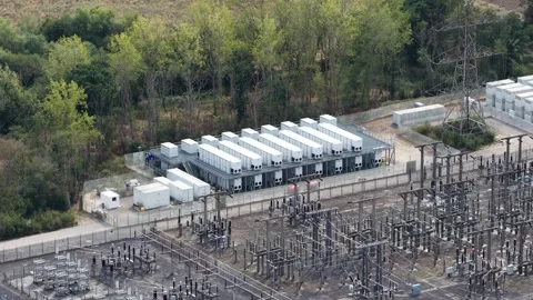Aerial view of a battery energy storage system plant Видео 346532553