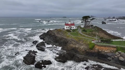 Aerial view of Battery Point Lighthouse in Crescent city California， USA Stockbeeldmateriaal 334359913