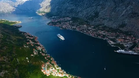 Aerial view the Bay of Kotor with liners Stock Footage