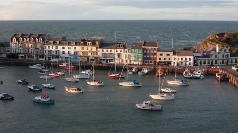 Aerial view of bay in the North Devon fishing village of Ilfracombe Stock Footage 142435276
