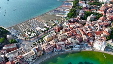 Aerial view of the Bay of Silence in Sestri Levante, a town in the Cinque Terre Stock-Footage 245220249