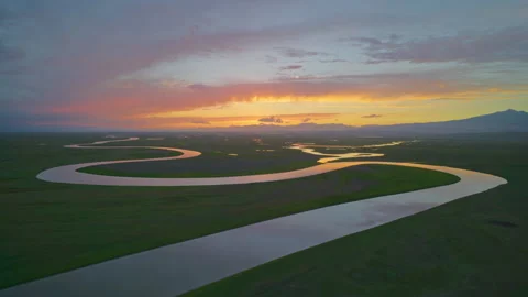 Aerial View of Bayanbulak Nine Bends at Sunset Twilight Stock Footage 343129944