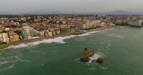 Aerial view of the beach and beachfront of the seaside town of Biarritz, France Stock Footage 254035600
