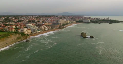 Aerial view of the beach and beachfront of the seaside town of Biarritz, France Stock Footage 259478313