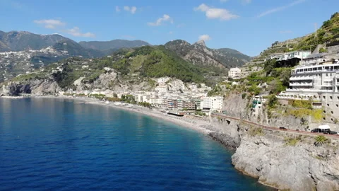 Aerial View of Beach and Cliffside Restaurant in Maiori, Italy Video stock 325084137