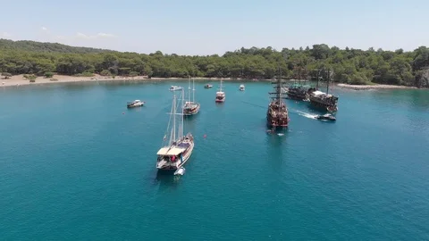 Aerial view on beach and coast of sea,Phaselis beach in Antalya Видео 101890090