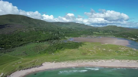 Aerial view of beach and dunes near Derrynane, Ring of Kerry, Ireland Stock Footage 346745842