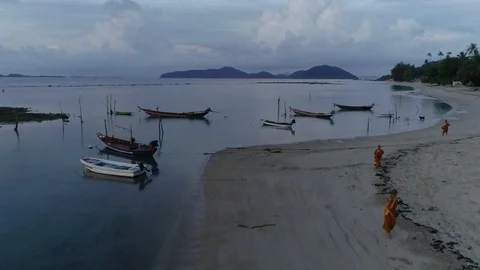 Aerial view of the beach and ocean on a tropical island with boats on the shore Video stock 116182607