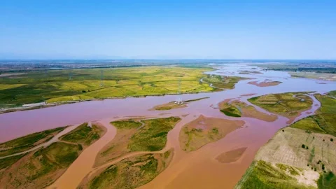Aerial view of the beach and river channel of the Yellow River, plains,fields Stock Footage 295862791