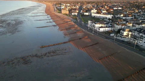 Aerial view of the beach at Bognor Regis on the West Sussex coast Stock Footage 238756399