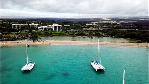 Aerial View Of Beach Front Hotels and Catamarans in Hawaii Stock Footage 107075231