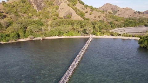 Aerial view of beach with long bridge of the Manjarite Island, Indonesia. Stock Footage 312833706
