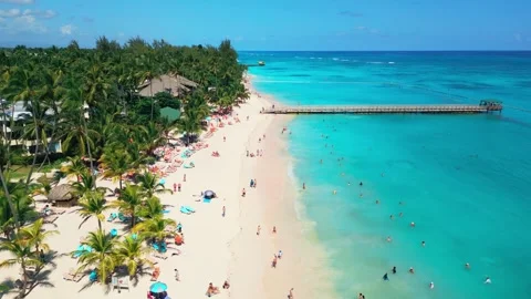 Aerial view of a beach in Punta Cana on a bright sunny day Stock Footage 309944971