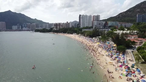 Aerial view of beach resort, so many people crowded, Gold Coast, Hong Kong Video stock 240552245
